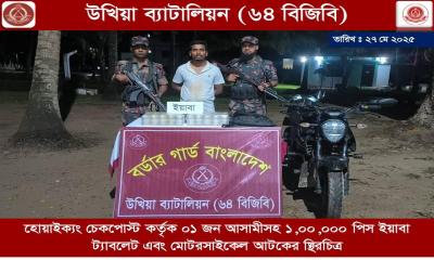 টেকনাফের হোয়াইক্যং সীমান্তে অভিযান চালিয়ে ১ লাখ পিস ইয়াবাসহ একজনকে আটক করেছে বিজিবি